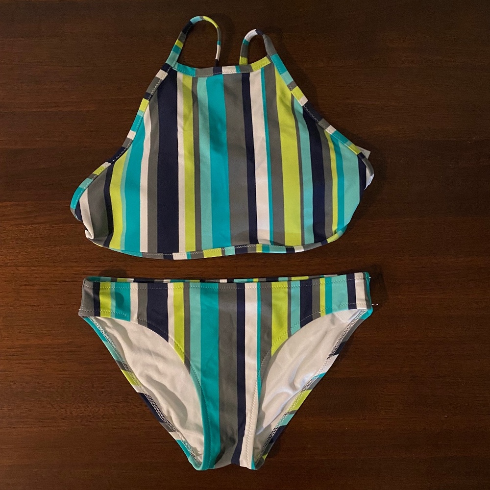 Aerie Blue & Green Vertical Striped Bikini Swimsuit Set S top, XS bottoms